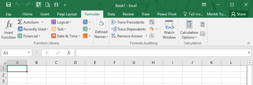 Menu Formulas pada Microsoft Excel 2016