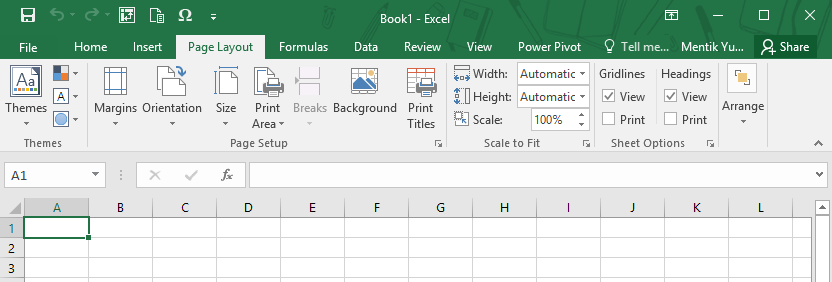Menu Page Layout pada Microsoft Excel 2016