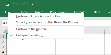 collapse the ribbon pada Microsoft Excel