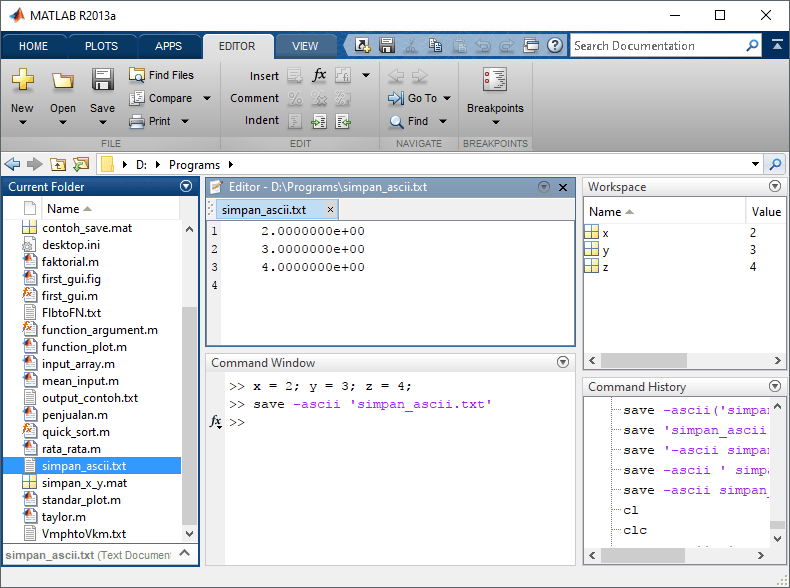 menyimpan variabel ascii matlab