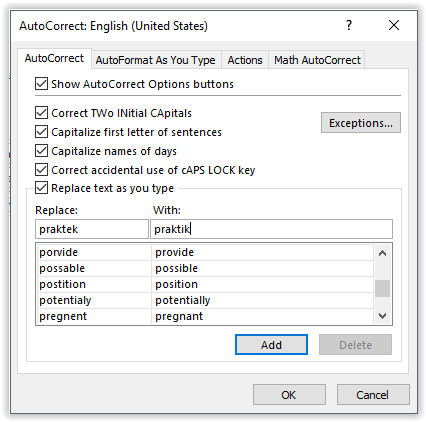 Menambah kosa kata pada Spelling AutoCorrect Excel