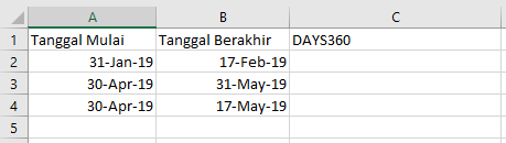 Contoh menggunakan fungsi DAYS360 FALSE