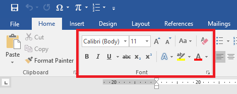 The Font command group on the Microsoft Word Home Ribbon