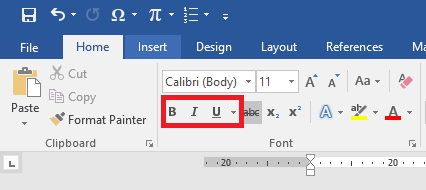 Position image of Bold, Italic and Underline icons in Microsoft Word
