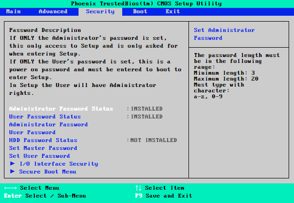 Tampilan Security BIOS