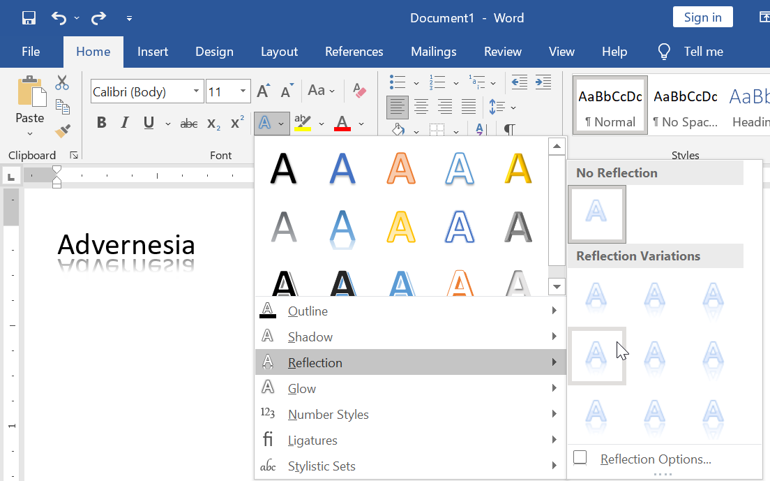 Memilih Efek Reflection terhadap Teks di Microsoft Word