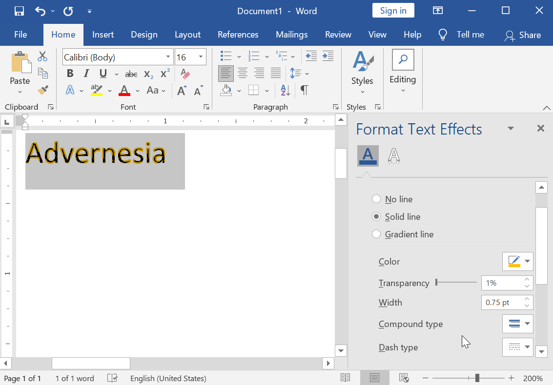 Menggunakan Panel Format Text Effect untuk Efek Outline di Microsoft Word