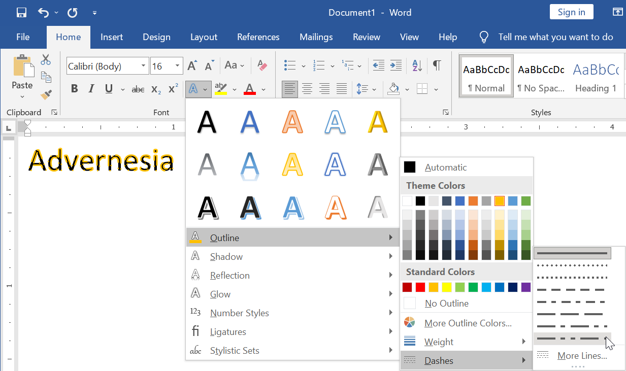 Menyesuaikan Dashes Efek Outline di Microsoft Word