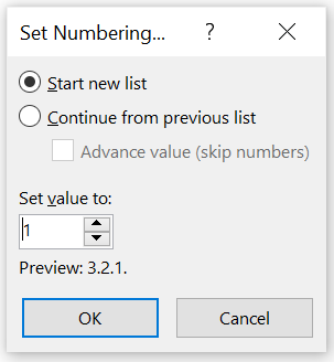 Set numbering value. Dialog set