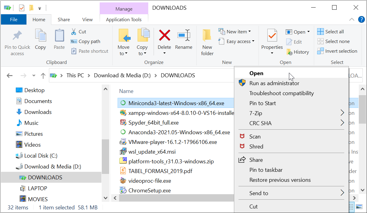 Membuka Berkas Instalasi Miniconda di Windows